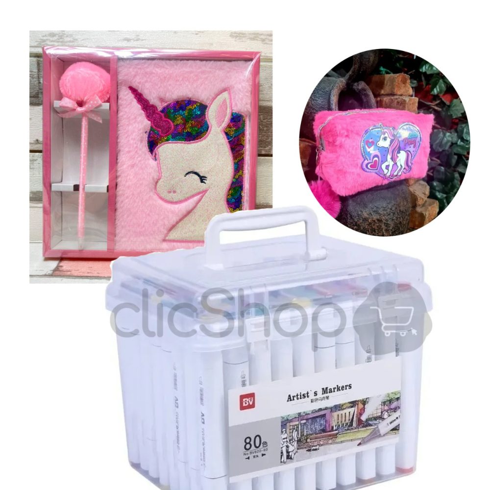 Kit 80 Marcadores + Cuaderno + Estuche Unicornio